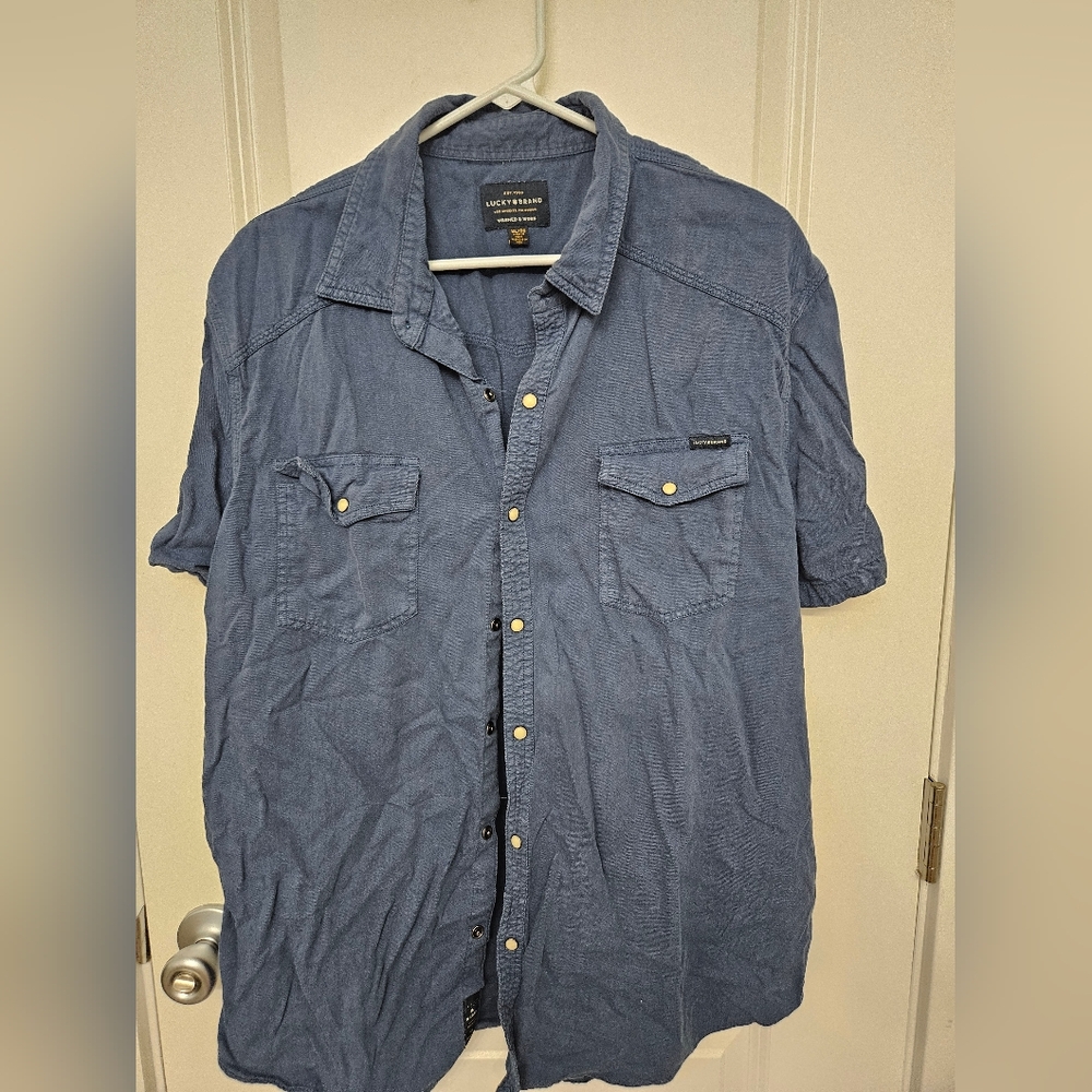 Lucky Brand Blue Washed and Worn Pearl Snap Short Sleeve Shirt size XL Blue